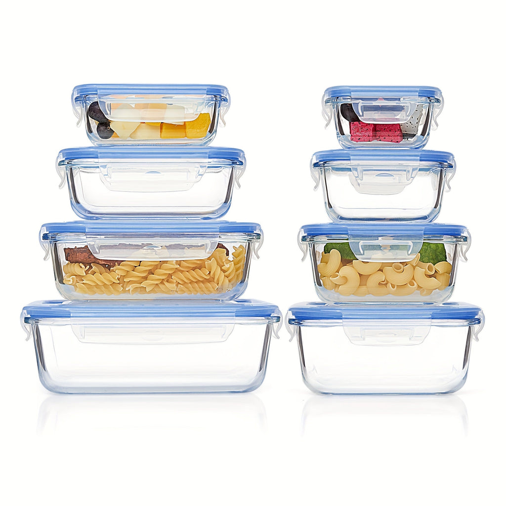 8-Pack Glas Madbeholdere – Lufttætte Måltidsforberedelses Bento-bokse med lækagesikre, låsbare låg, mikrobølgeovn-, ovn-, fryse- og opvaskemaskinesikre, BPA-fri