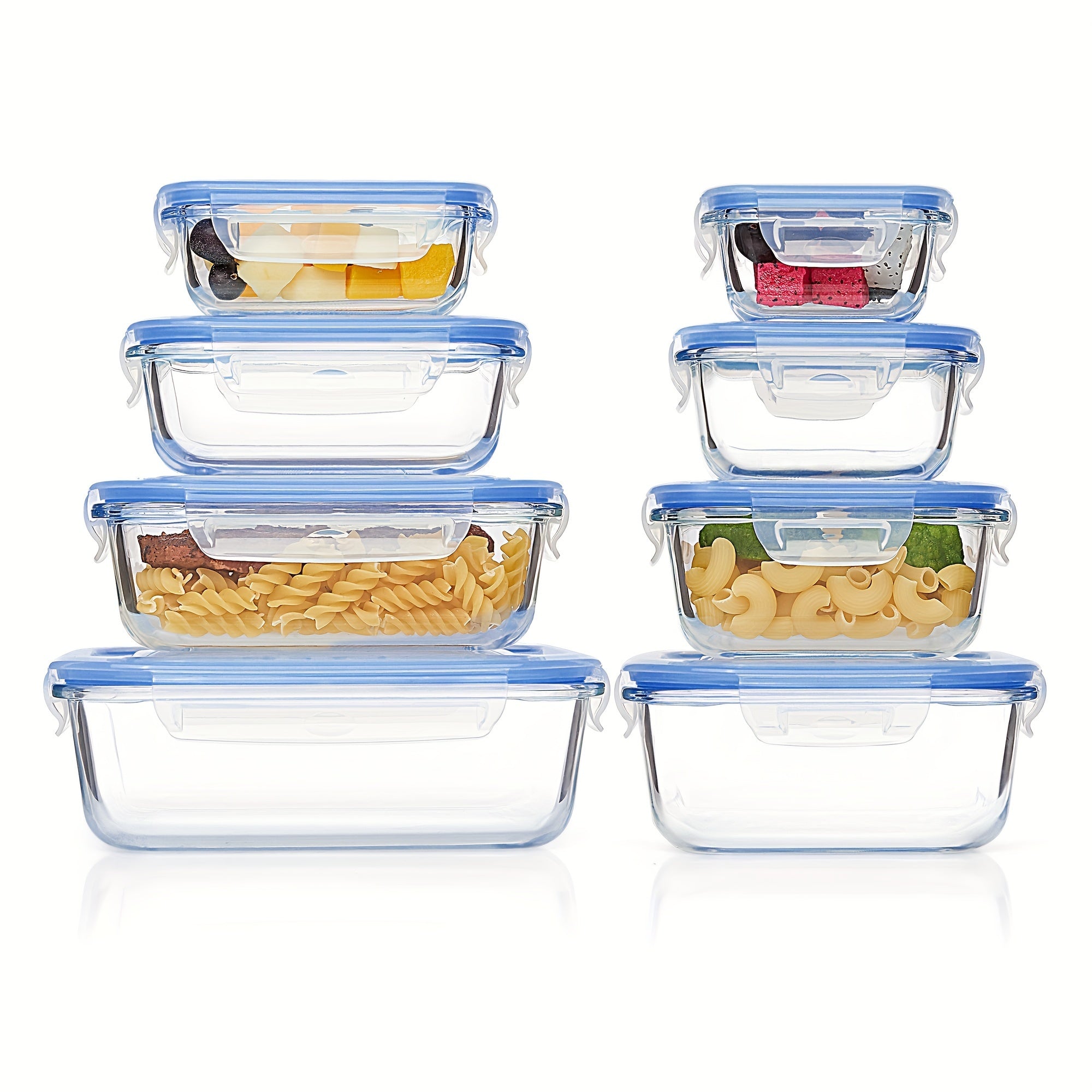 8-Pack Glas Madbeholdere – Lufttætte Måltidsforberedelses Bento-bokse med lækagesikre, låsbare låg, mikrobølgeovn-, ovn-, fryse- og opvaskemaskinesikre, BPA-fri
