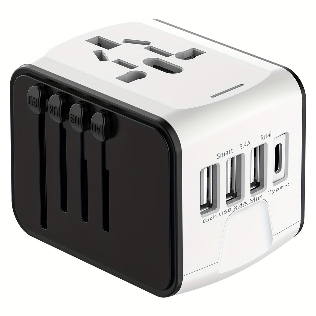 Rejseadapter med 4 USB-porte og Type-C – Global oplader med hurtig opladning og sikkerhedsfunktioner