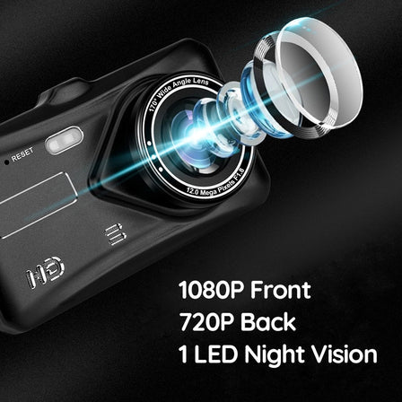 Trådløs Twin Dash Cam Med Front- eller Bagudsigtskamera, 1080p, 4-tommer LCD