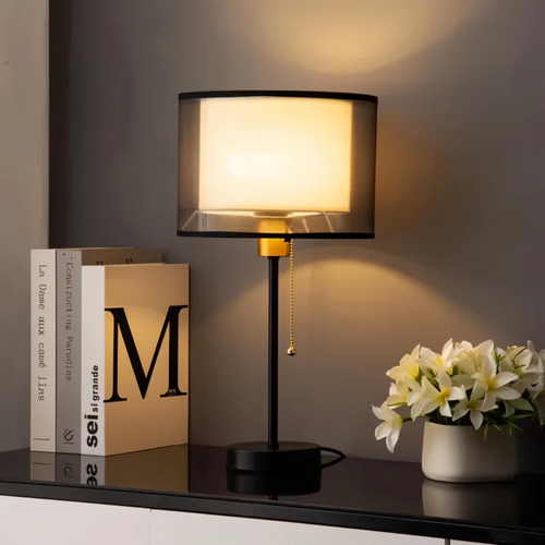 Vintage Bordlampe med Dobbelt Stofskærm til Varm Ambient Lys LED