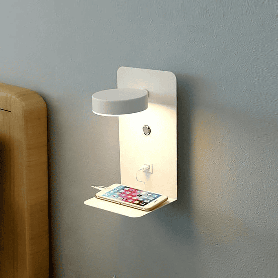LED væglampe multifunktionel dæmpbar med USB-lader til soveværelse