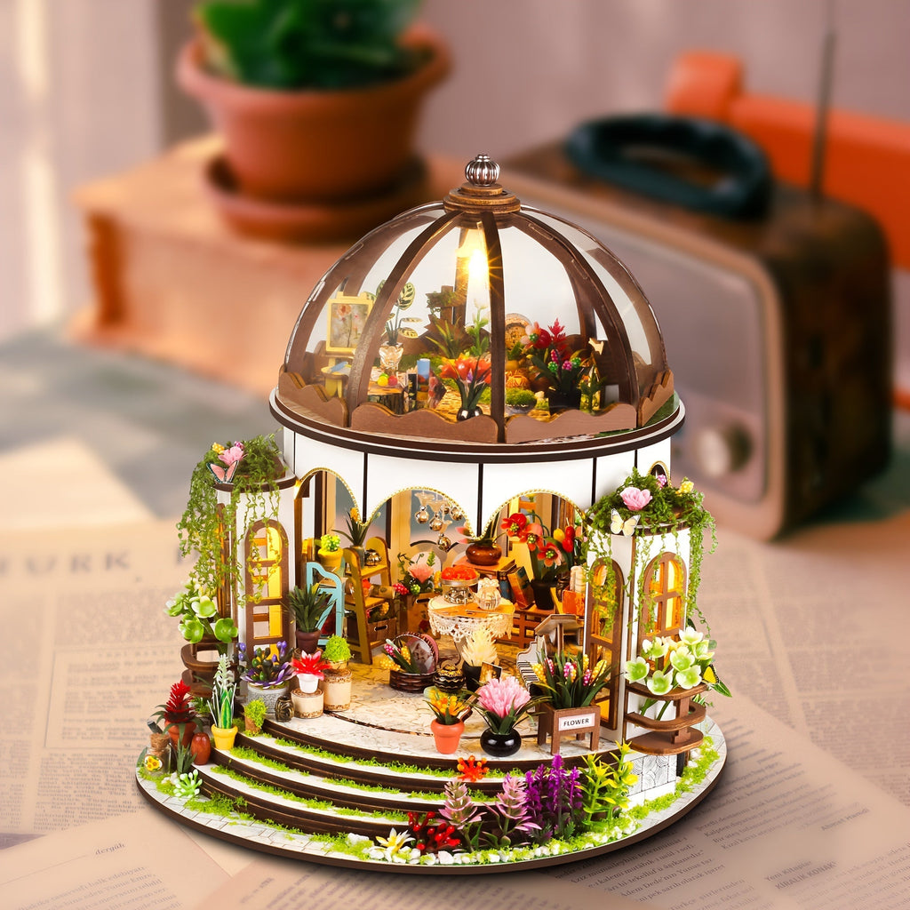 Miniature Blomsterhus – 3D Træpuslespil med LED-belysning og Detaljeret Have