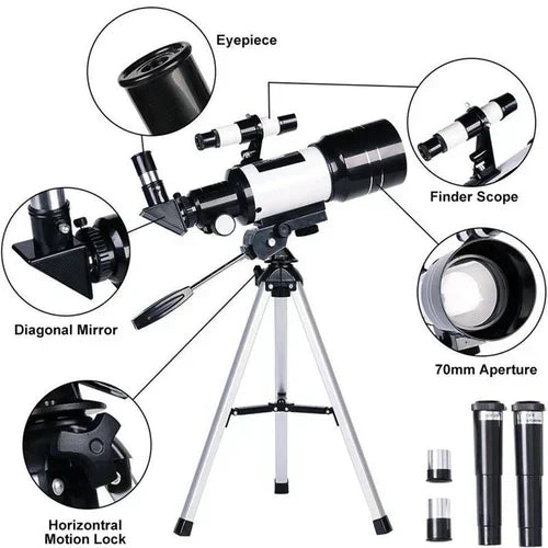 Professionelt Astronomisk Teleskop | 70mm Apertur, 300mm Brændvidde & Nem Opsætning til Stjernekikking og Naturudforskning