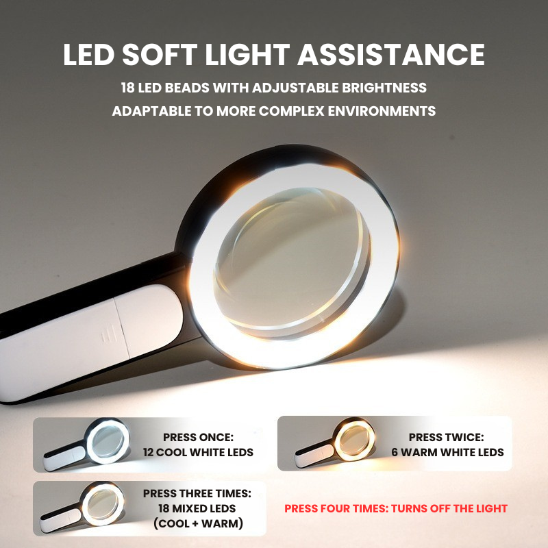 Forstørrelsesglas med LED-belysning og justerbare lysindstillinger til klar læsning