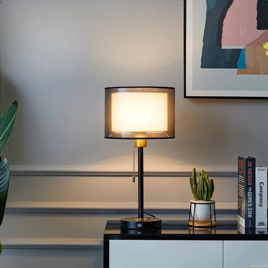 Vintage Bordlampe med Dobbelt Stofskærm til Varm Ambient Lys LED