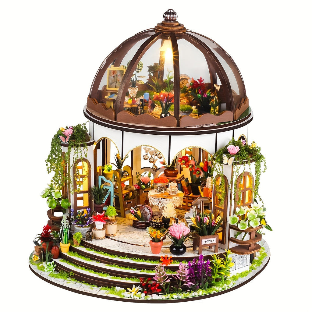 Miniature Blomsterhus – 3D Træpuslespil med LED-belysning og Detaljeret Have