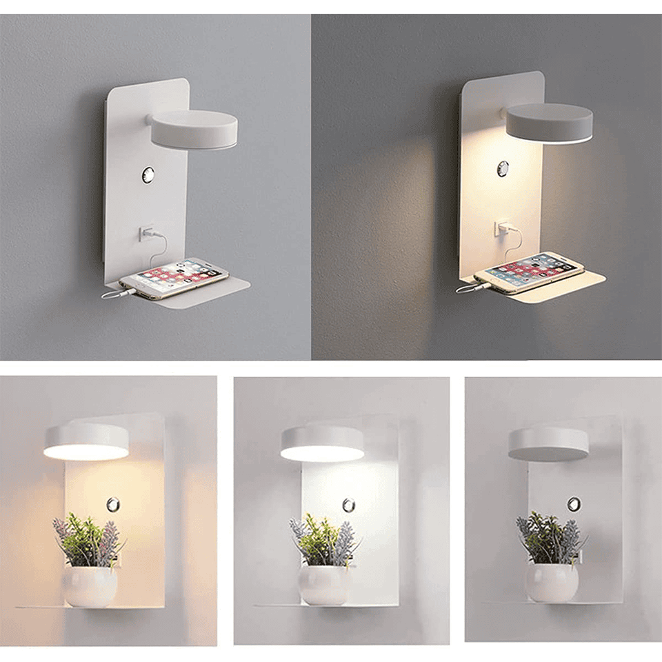 LED væglampe multifunktionel dæmpbar med USB-lader til soveværelse