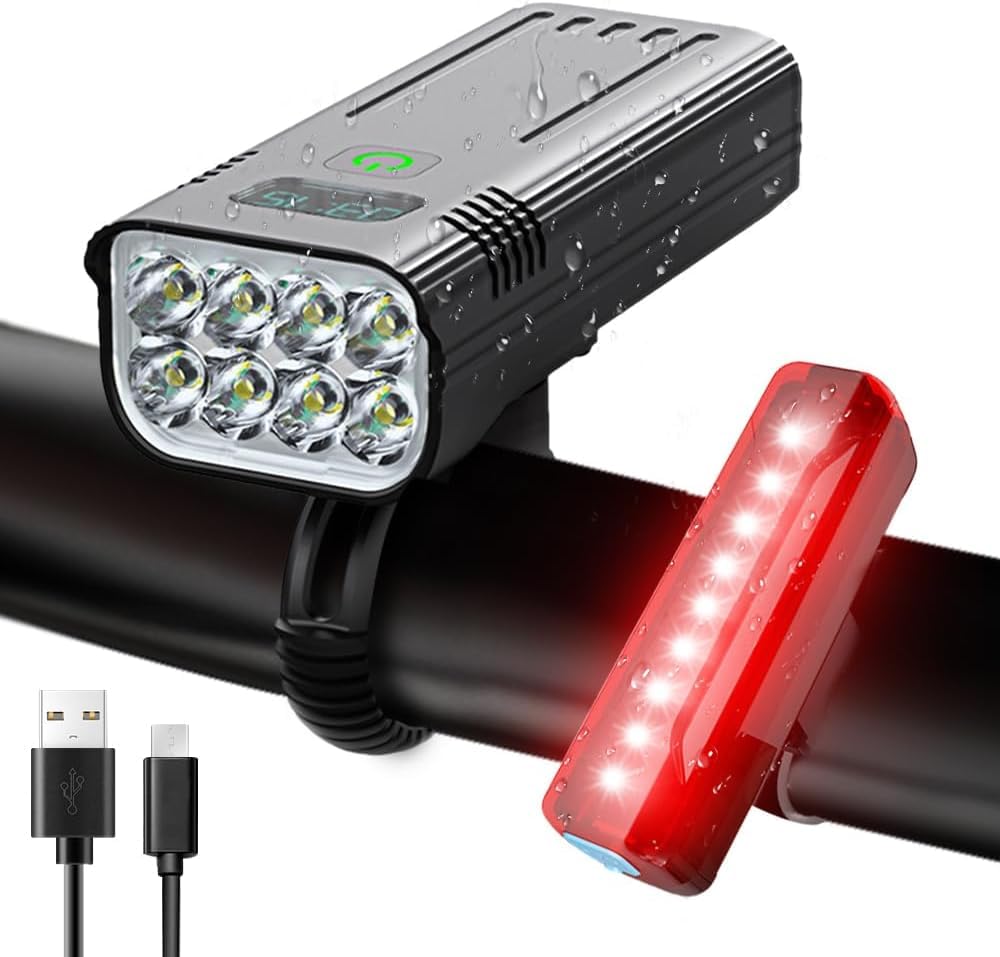 Victoper 8000 Lumens Cykellygtesæt, 8 LED USB Genopladelige For- & Baglygter, Mat Sort
