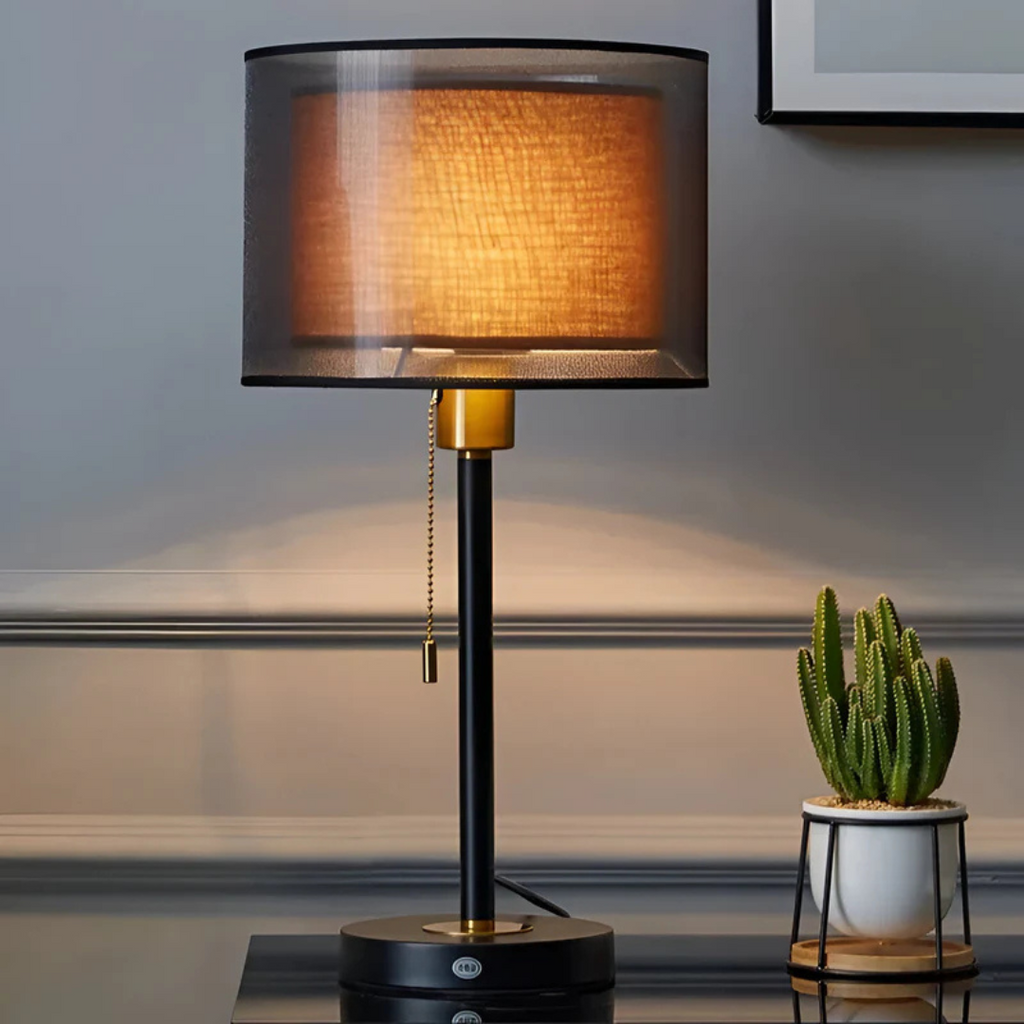 Vintage Bordlampe med Dobbelt Stofskærm til Varm Ambient Lys LED