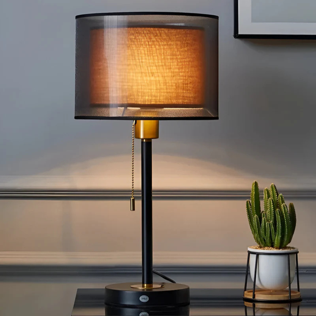 Vintage Bordlampe med Dobbelt Stofskærm til Varm Ambient Lys LED