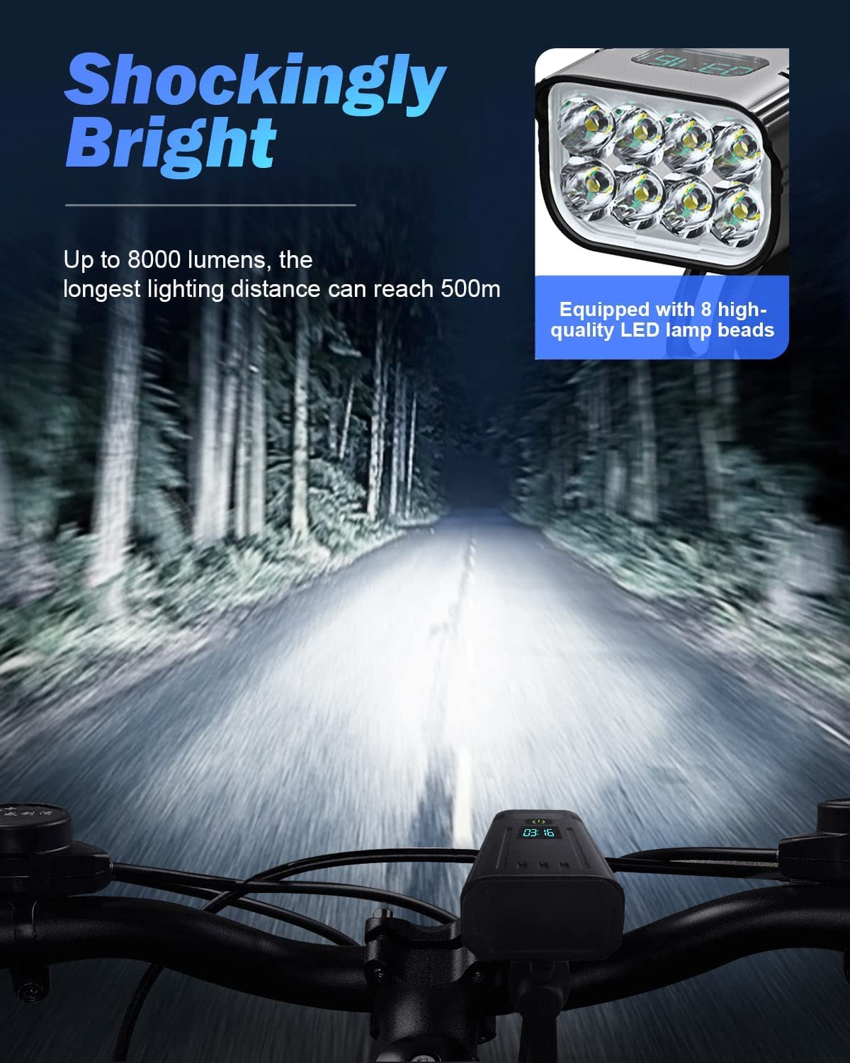 Victoper 8000 Lumens Cykellygtesæt, 8 LED USB Genopladelige For- & Baglygter, Mat Sort
