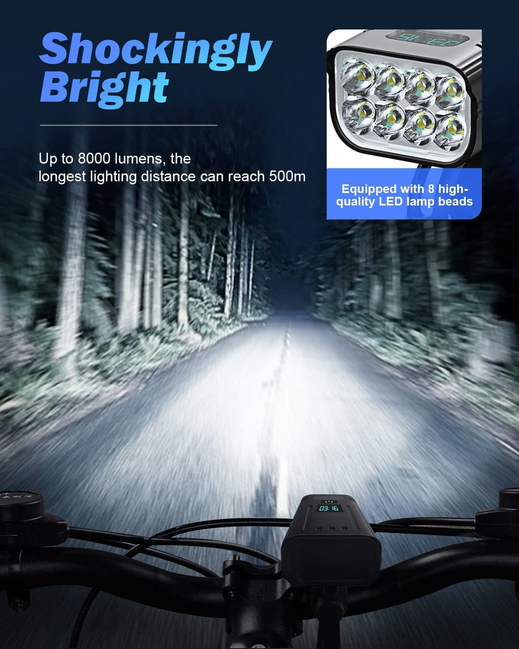 Victoper 8000 Lumen Cykellygtesæt, 8 LED USB Genopladelige For- & Baglygter, Matt Sort
