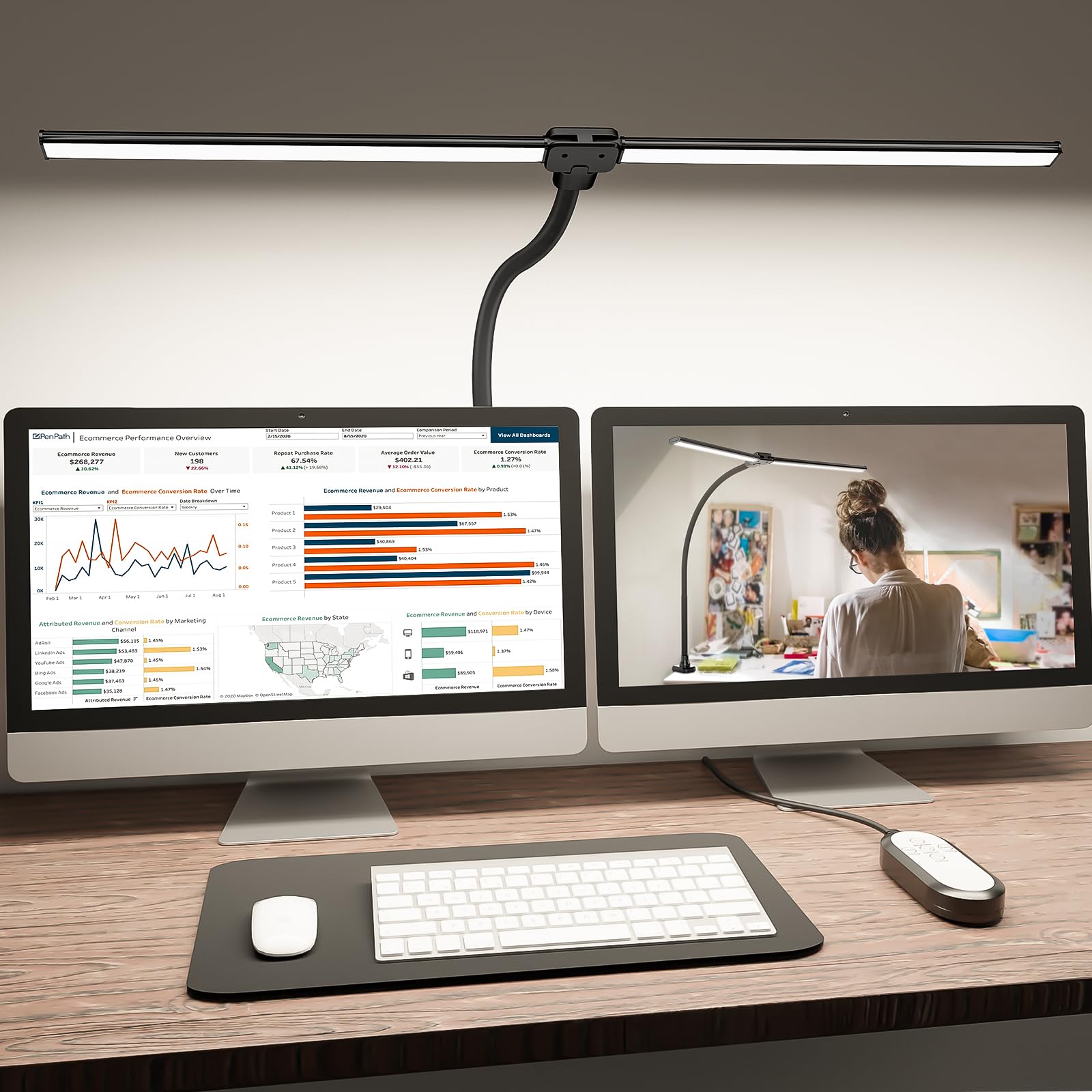 Shinetech Led Skrivebordslampe Til Hjemmekontor, 4000k Neutral Hvid Dobbelt Hoved Arkitekt Opgave Lamper Med Klemme, Dæmpbar Justerbar Fl