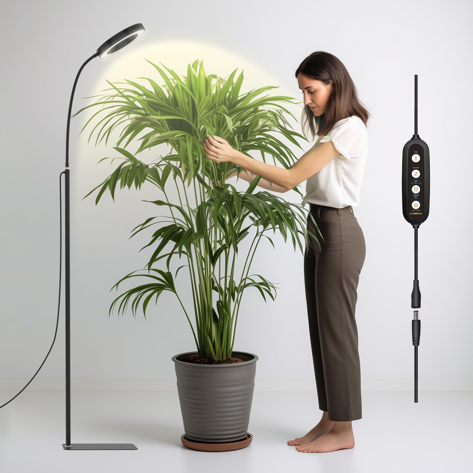 Glowrium 20W LED vækstlys | Fuldt spektrum, timer, justerbar højde, 3 lysindstillinger, 6-niveau dæmpbar (sort)