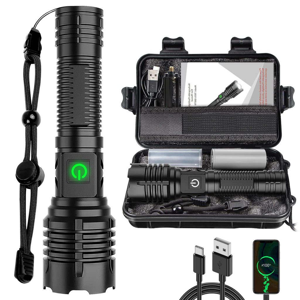 Banral 100000 lumen genopladelig lommelygte, IPX6 vandtæt, 5 tilstande, zoombar, aluminium