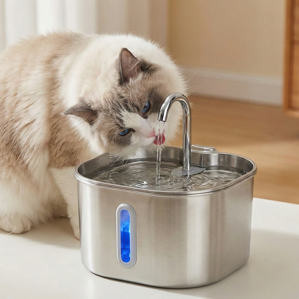 Stainless Steel Kat Vandfontæne Med Filter Og Stille Pumpe Til Vandcirkulation