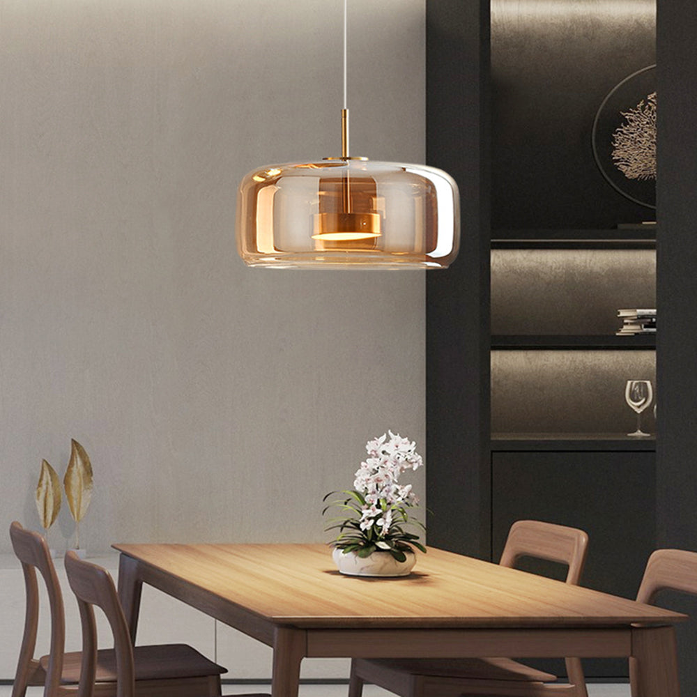 Solara Pendel Lys Amber Glas Med LED Og Guld Metal