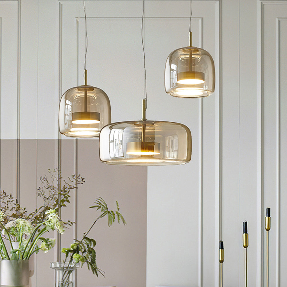 Solara Pendel Lys Amber Glas Med LED Og Guld Metal