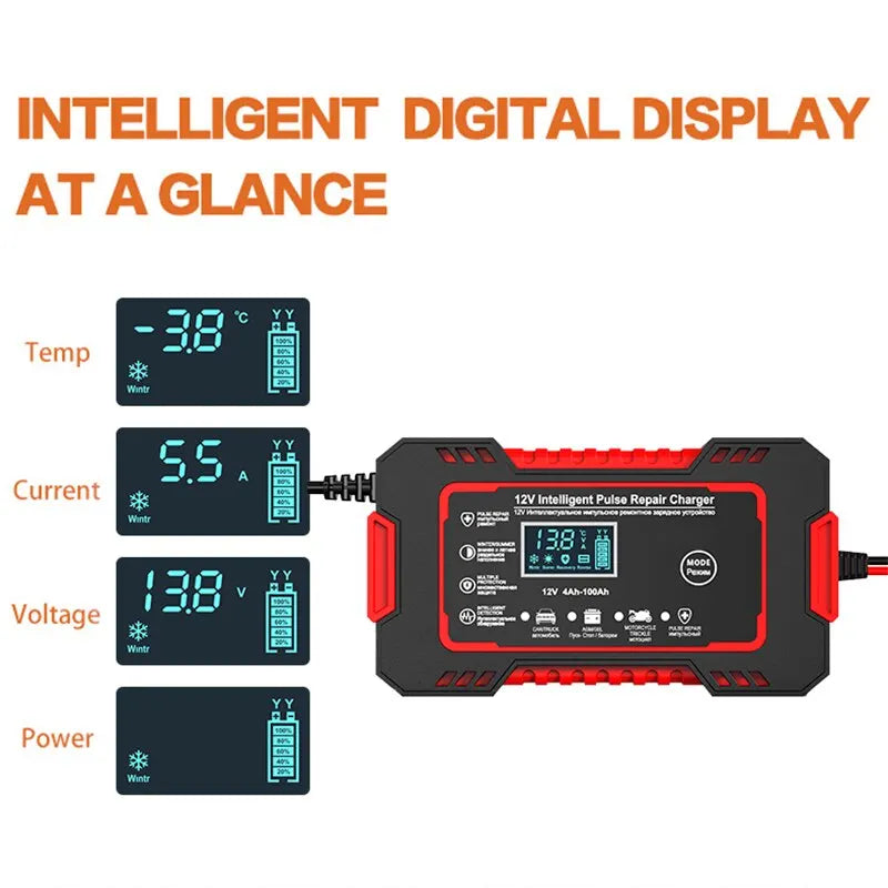 12V 6A Smart Bilbatterilader | Pulsreparation, LCD Skærm & Hurtigopladning til AGM, Gel & Blysyrebatterier