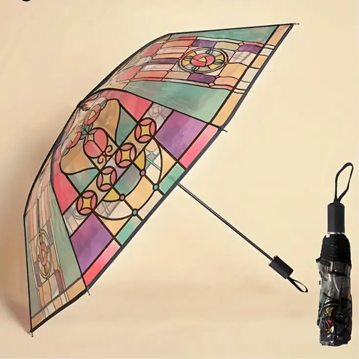 Automatisk paraply – Vintage-design med farvet glas og vindbeskyttelse