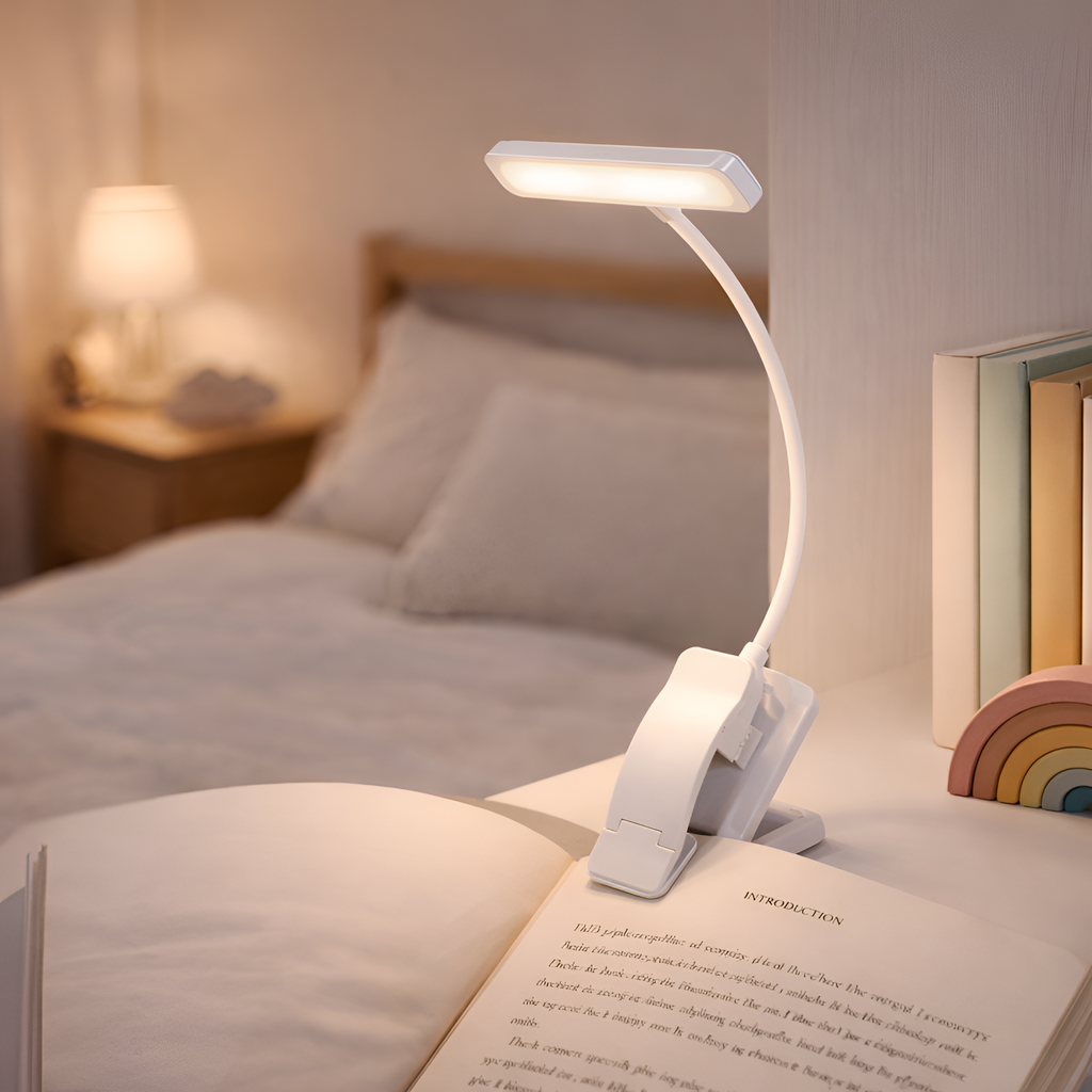 Virelia - USB Genopladelig Klemme Læselampe med 3 Lysindstillinger