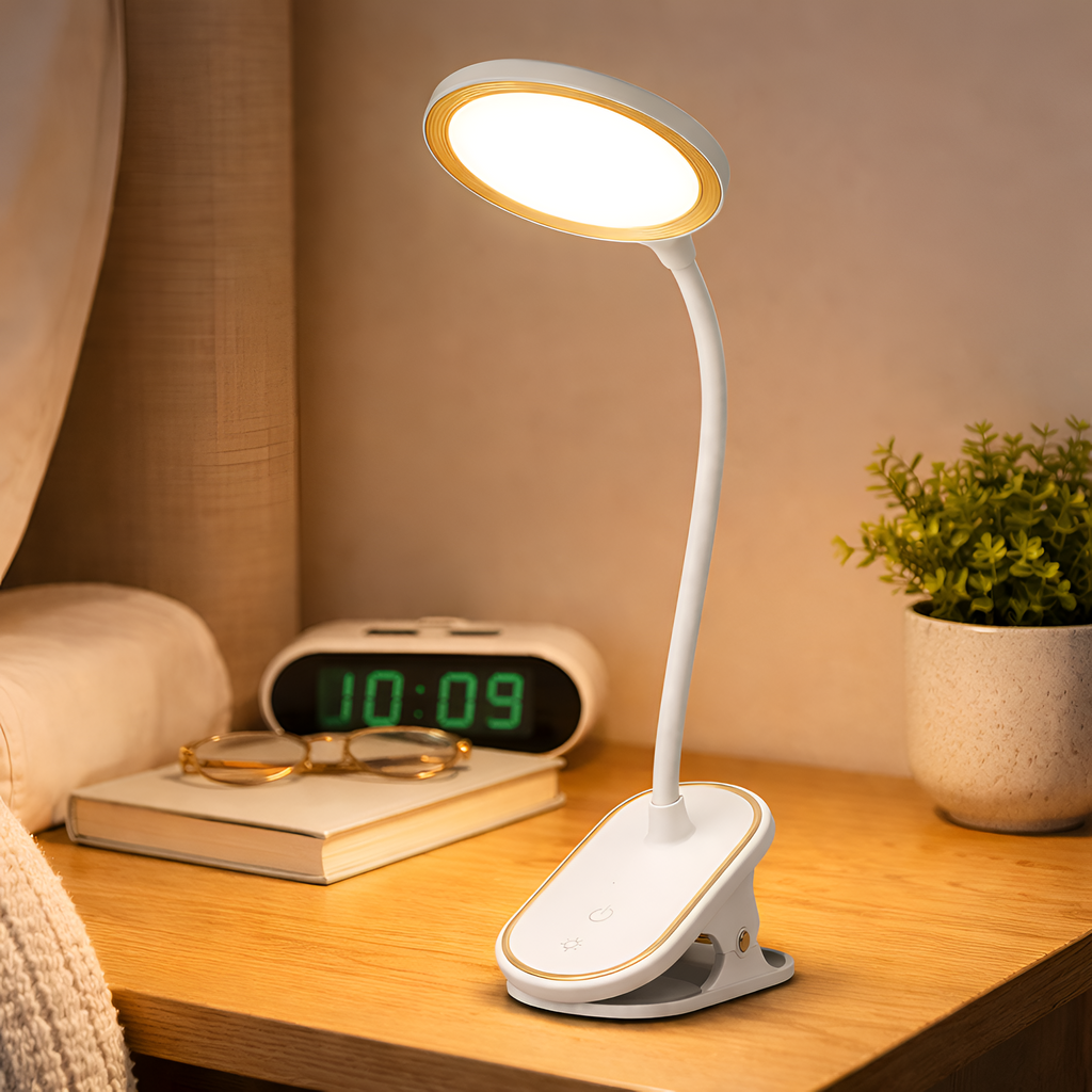 Zephiel - USB Genopladelig Bordlampe med Klemme og Touch Dæmpning