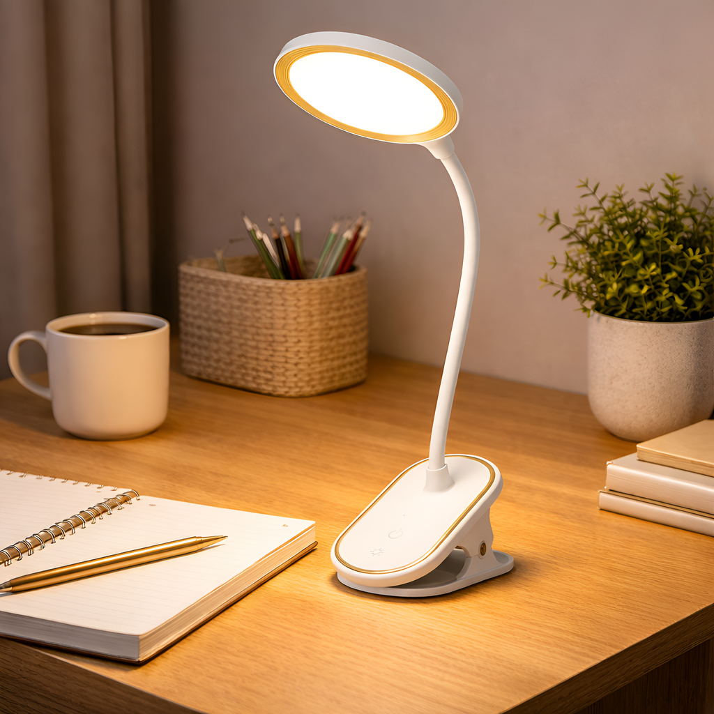 Zephiel - USB Genopladelig Bordlampe med Klemme og Touch Dæmpning