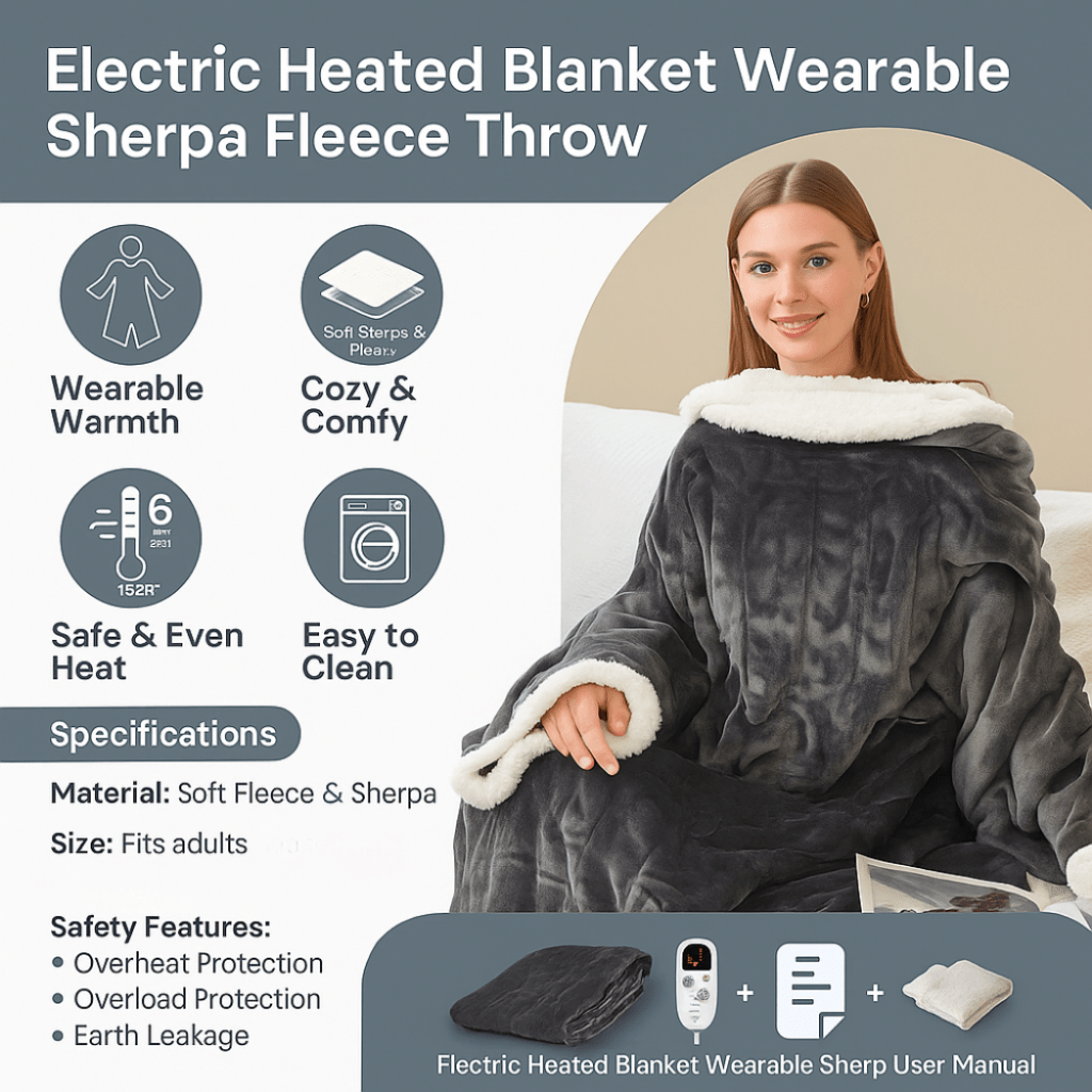 Opvarmet Fleece Tæppe Bærbart Til Ældre Med Sherpa