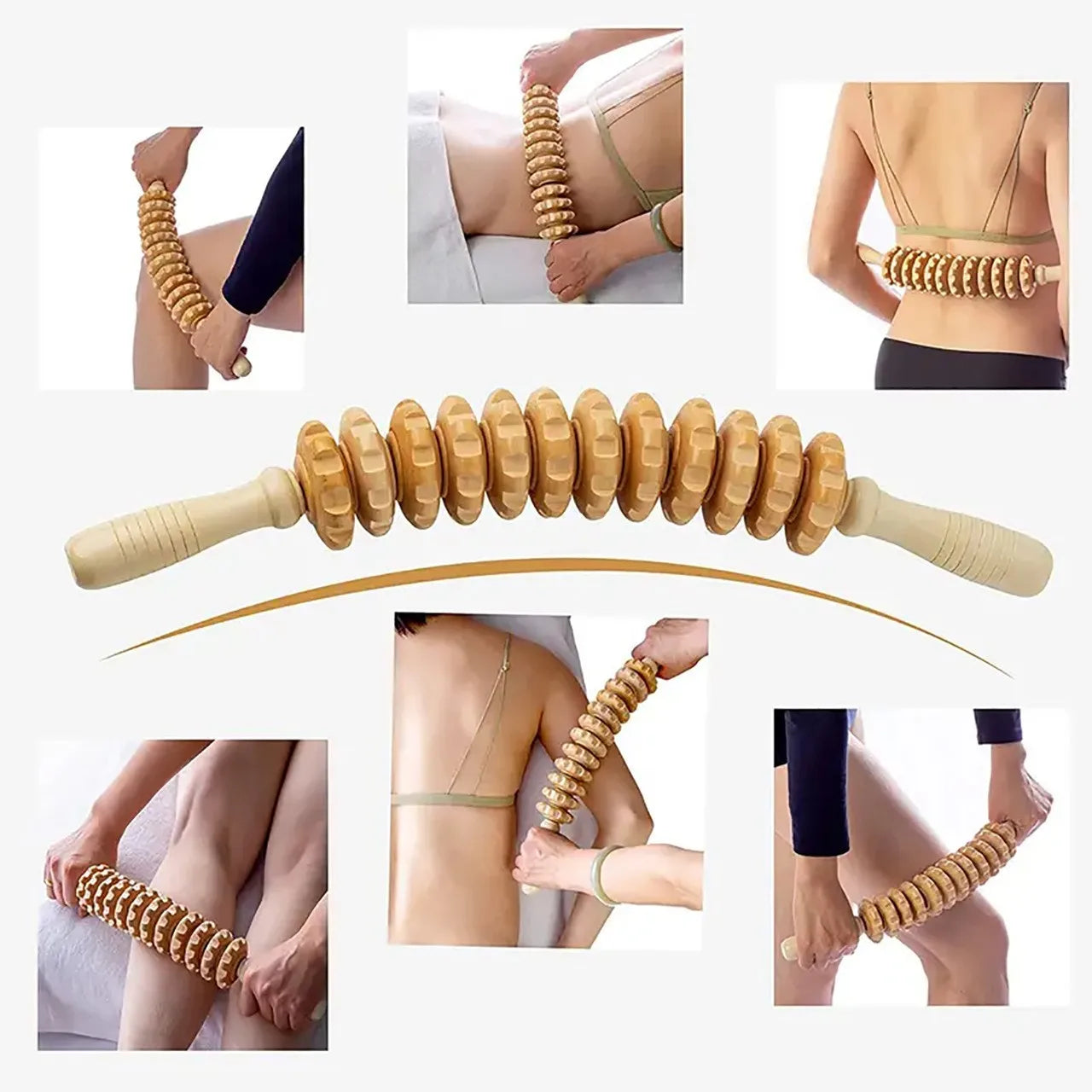 Træ Fascia Massagerulle Med Ni Ruller, Der Drejer Og Skridsikker Håndtag
