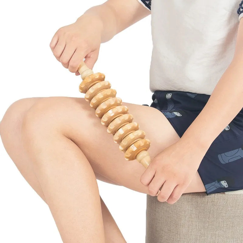 Træ Fascia Massagerulle Med Ni Ruller, Der Drejer Og Skridsikker Håndtag