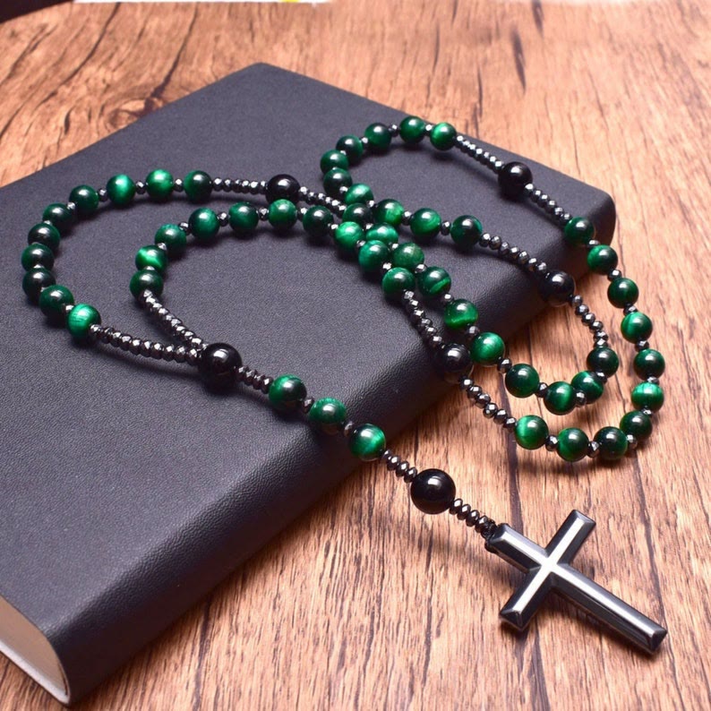 AstraVea Herre Rosary Halskæde Med Tigerøje Perler Og Lapis Lazuli