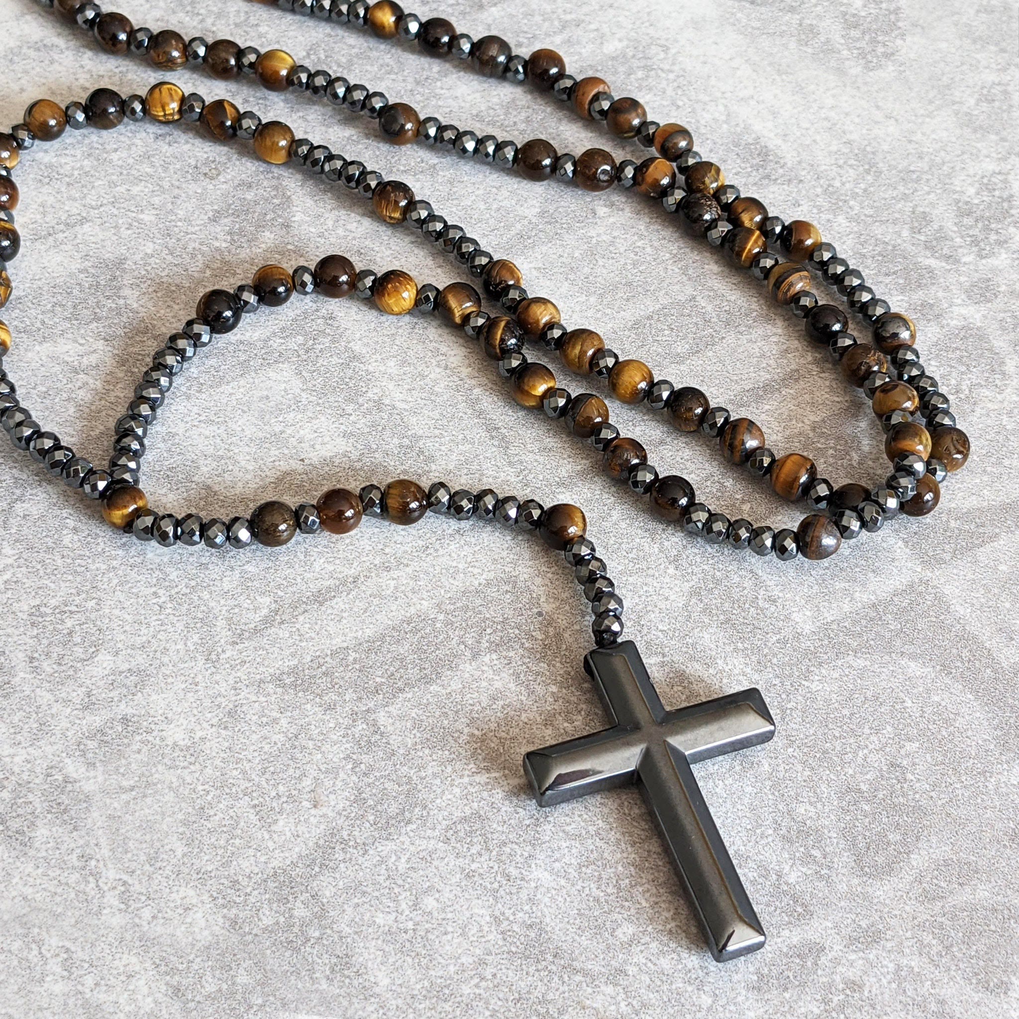 AstraVea Herre Rosary Halskæde Med Tigerøje Perler Og Lapis Lazuli
