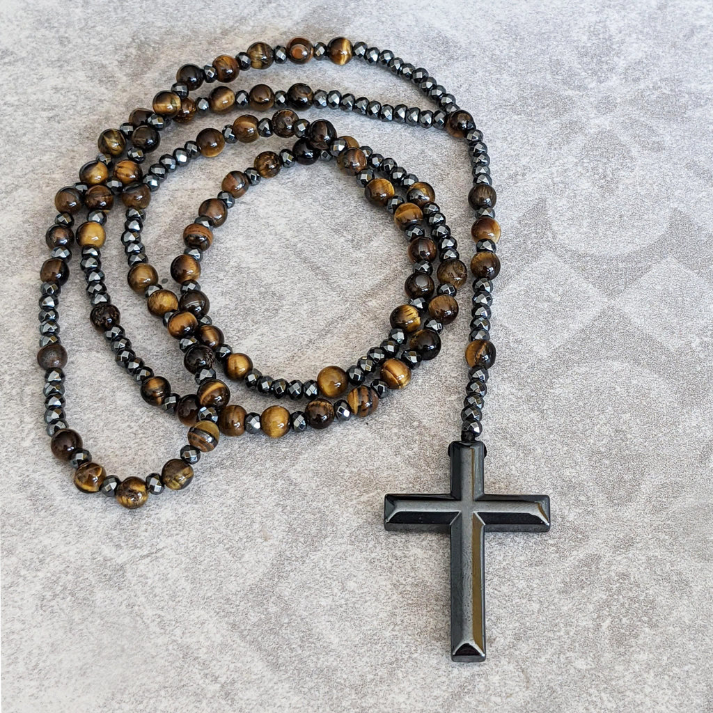 AstraVea Mandens Rosenkrans Halskæde Med Tigerøje Perler Og Lapis Lazuli