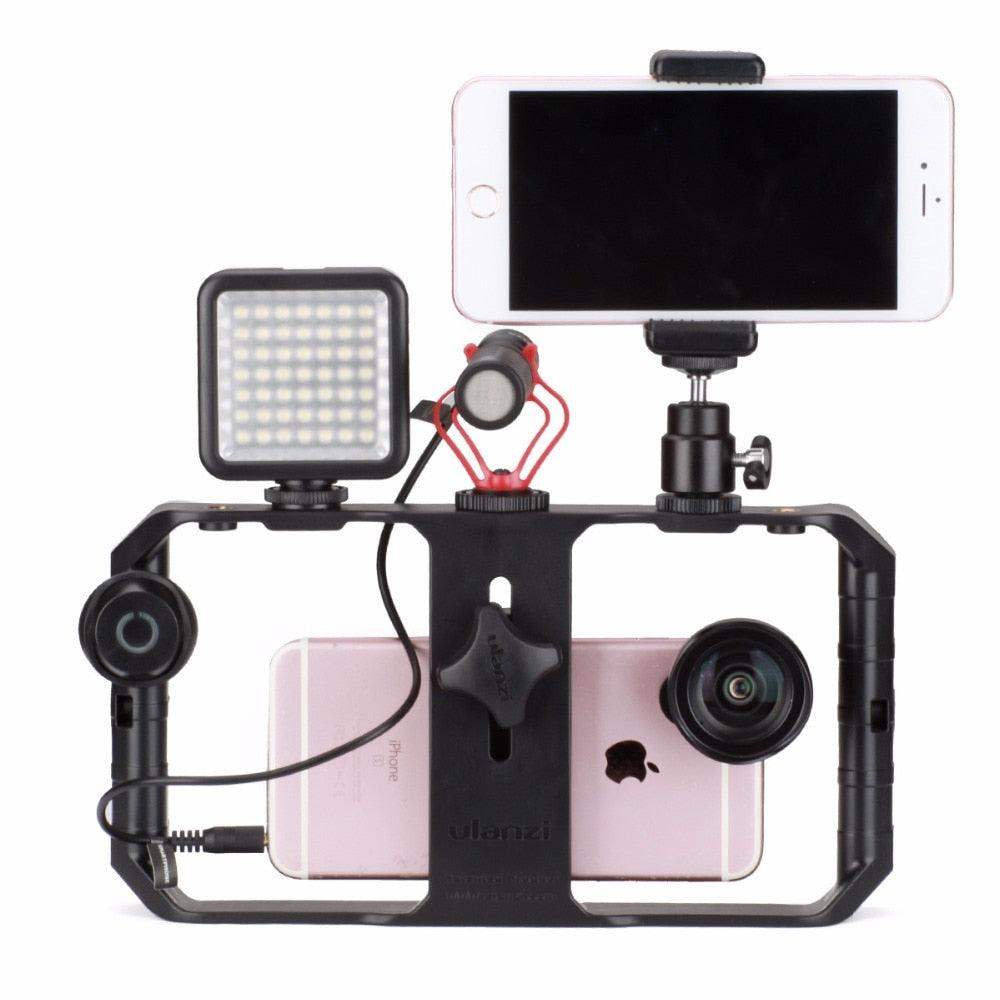 Telefon Video Rig Med Lys Til Filmmaking På Farten Og Stabil Optagelse