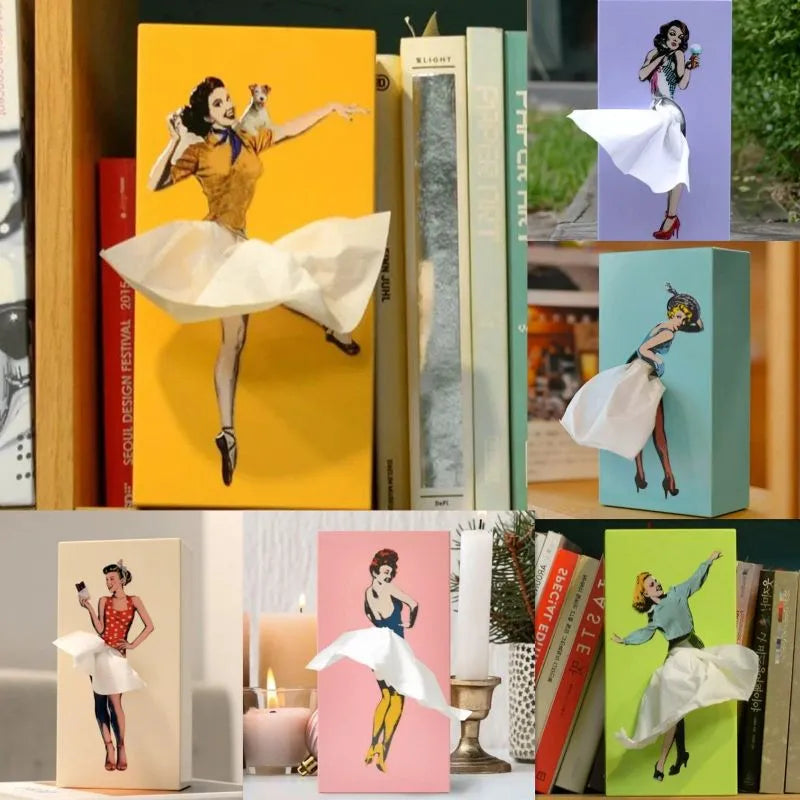 Kevara Mindeske Tissueskasse med Vintage Pin-Up Kjole Designs i Træfinish