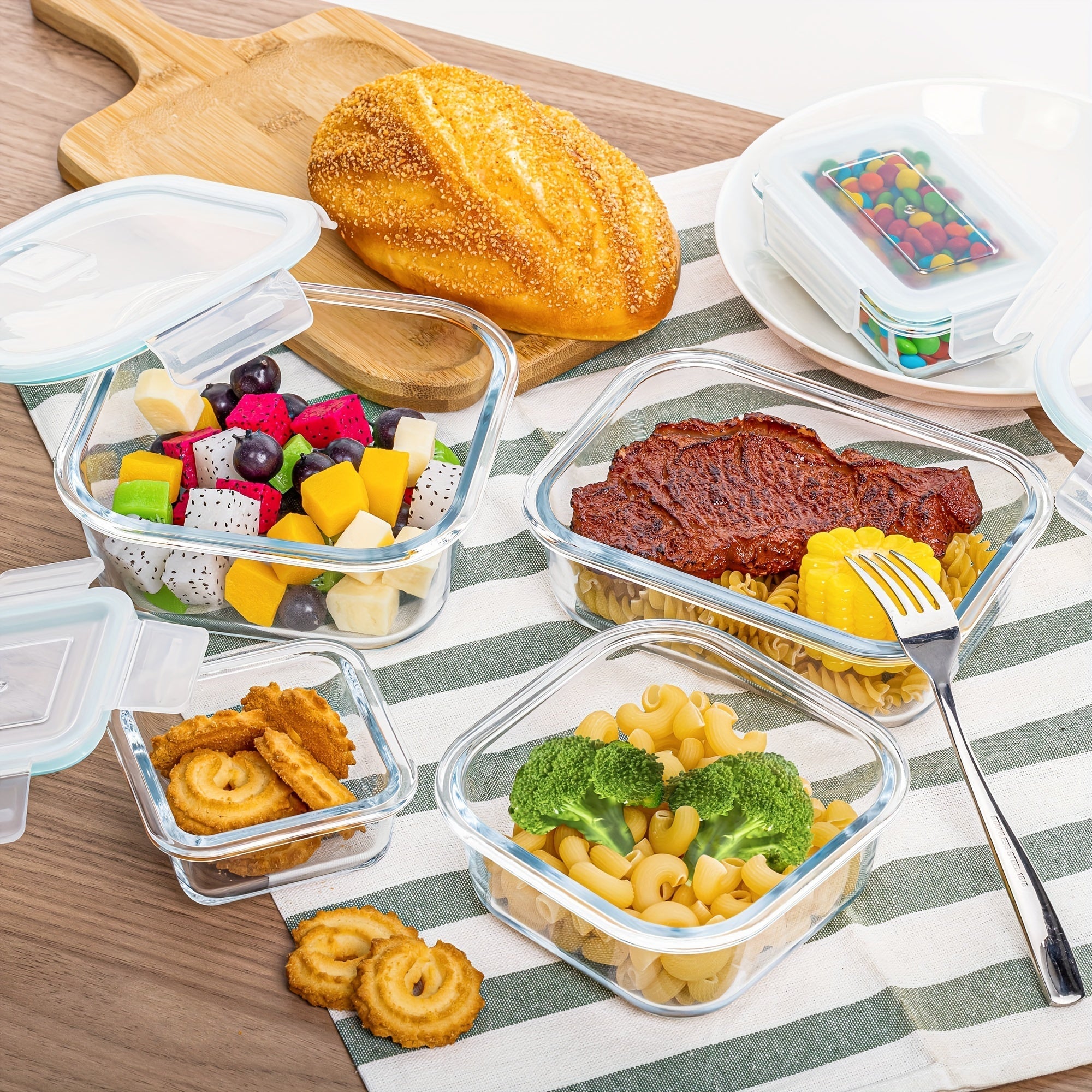 8-Pack Glas Madbeholdere – Lufttætte Måltidsforberedelses Bento-bokse med lækagesikre, låsbare låg, mikrobølgeovn-, ovn-, fryse- og opvaskemaskinesikre, BPA-fri