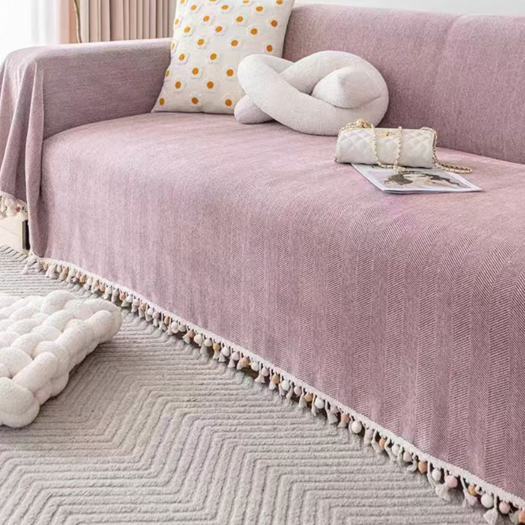 Kæledyrsvenlig Herringbone Frynse Sofa Cover med Boho Stil