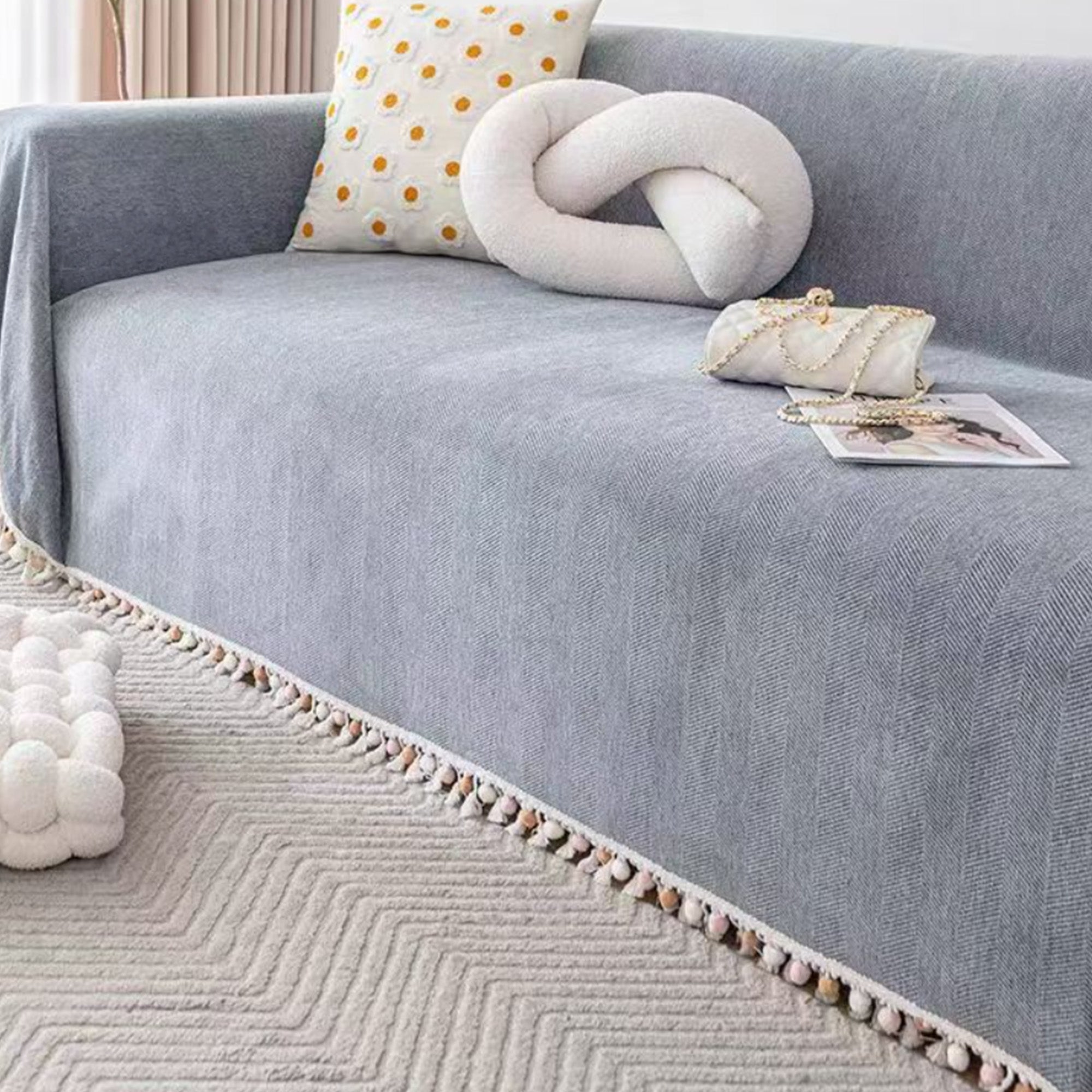 Kæledyrsvenlig Herringbone Frynse Sofa Cover med Boho Stil