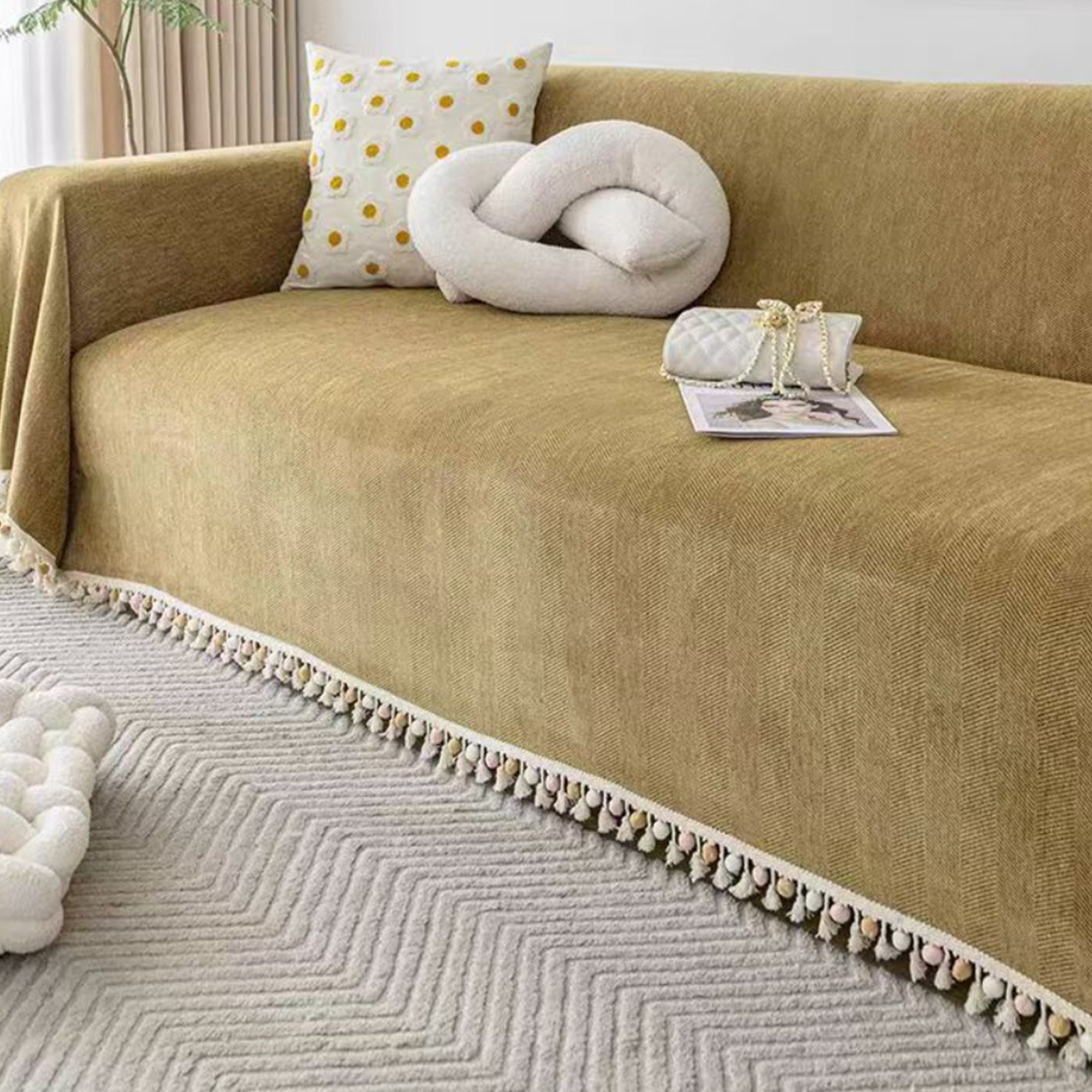 Kæledyrsvenlig Herringbone Frynse Sofa Cover med Boho Stil