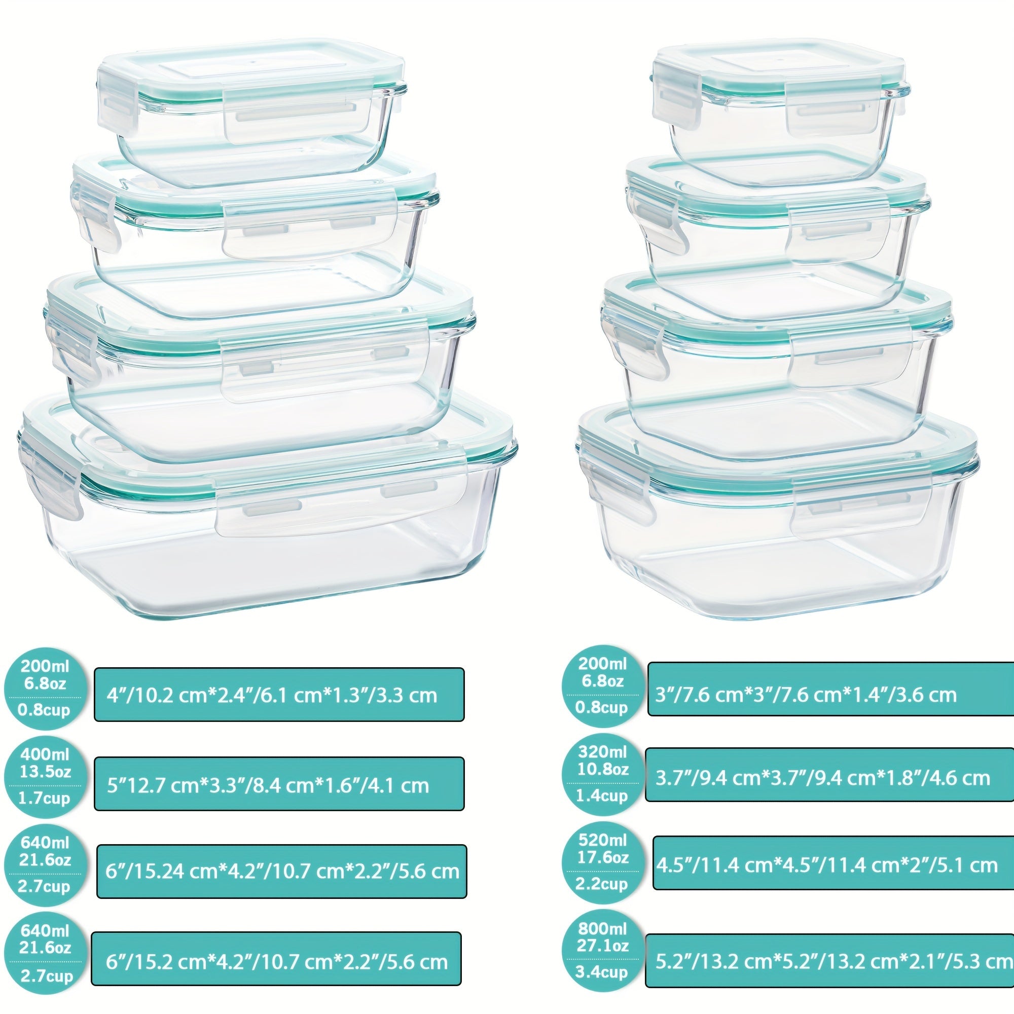 8-Pack Glas Madbeholdere – Lufttætte Måltidsforberedelses Bento-bokse med lækagesikre, låsbare låg, mikrobølgeovn-, ovn-, fryse- og opvaskemaskinesikre, BPA-fri