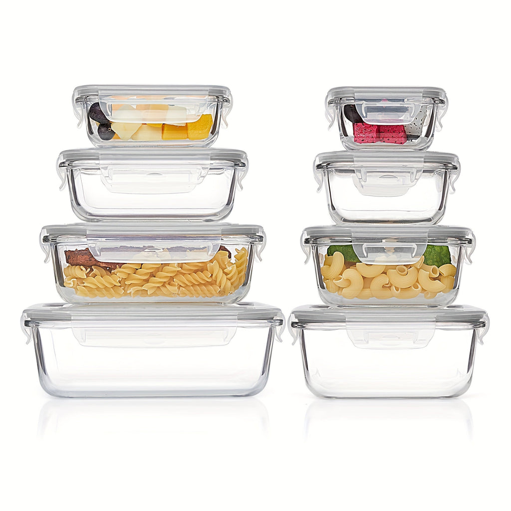 8-Pack Glas Madbeholdere – Lufttætte Måltidsforberedelses Bento-bokse med lækagesikre, låsbare låg, mikrobølgeovn-, ovn-, fryse- og opvaskemaskinesikre, BPA-fri