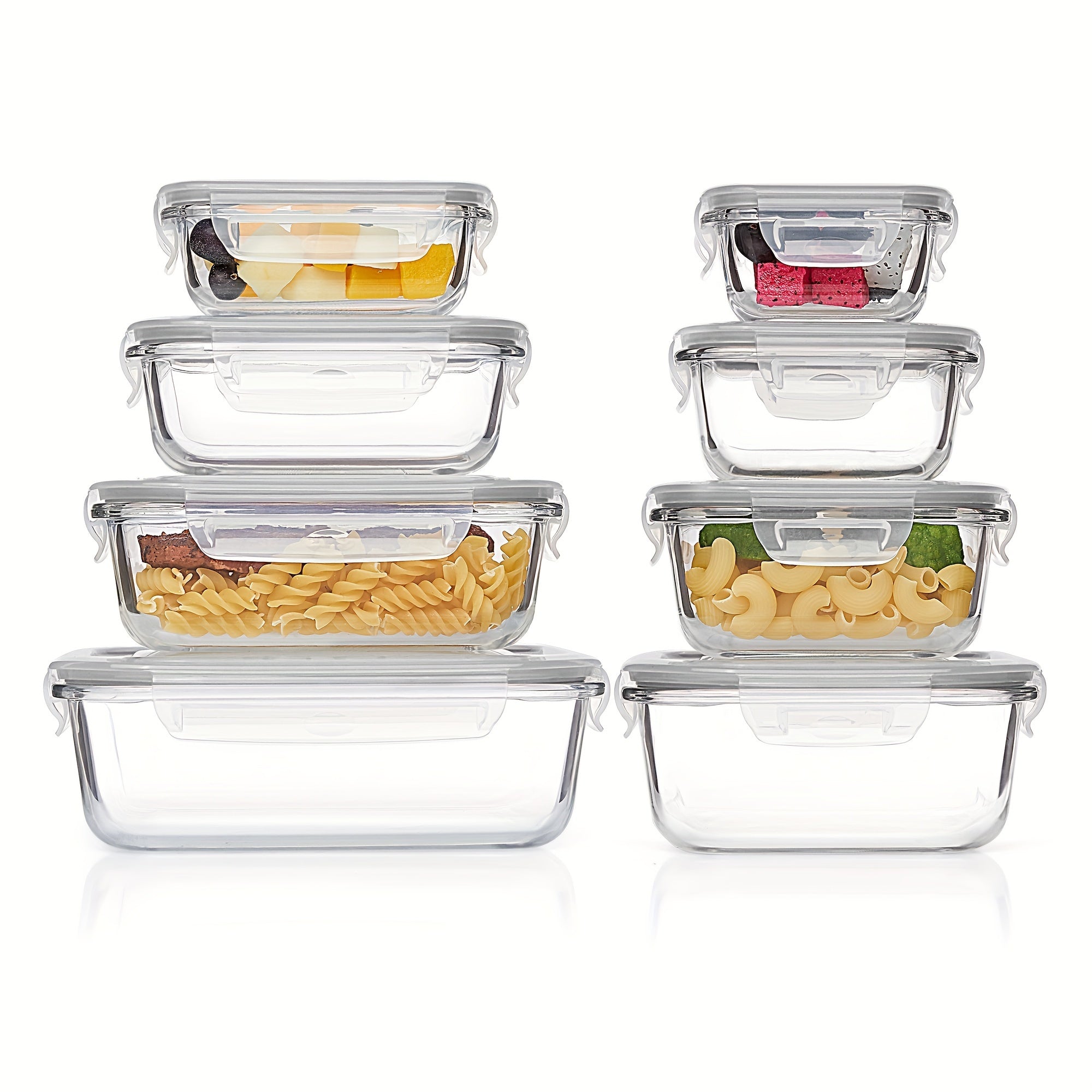 8-Pack Glas Madbeholdere – Lufttætte Måltidsforberedelses Bento-bokse med lækagesikre, låsbare låg, mikrobølgeovn-, ovn-, fryse- og opvaskemaskinesikre, BPA-fri