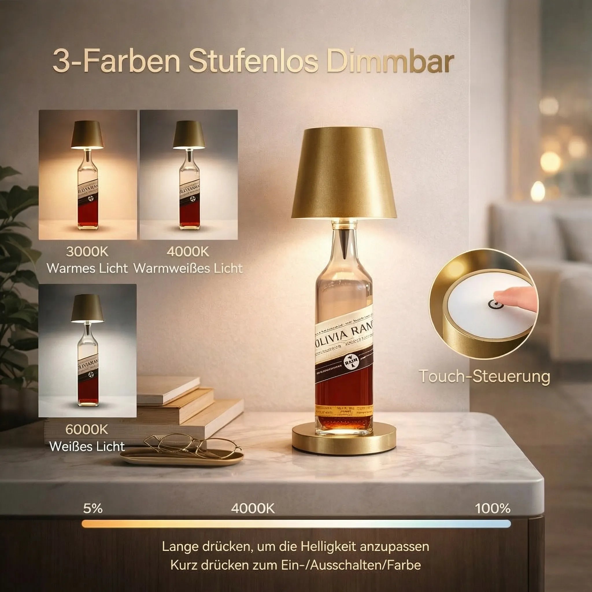 Flaske lys | Flaske som bordlampe | Genopladelig bordlampe | Flaskekapsel | LumiFlaske
