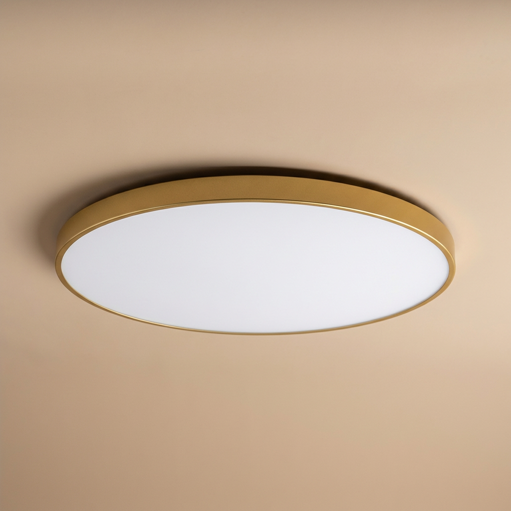 Rund LED Loftlampe med Guldkant – Slank Design og Blødt Lys