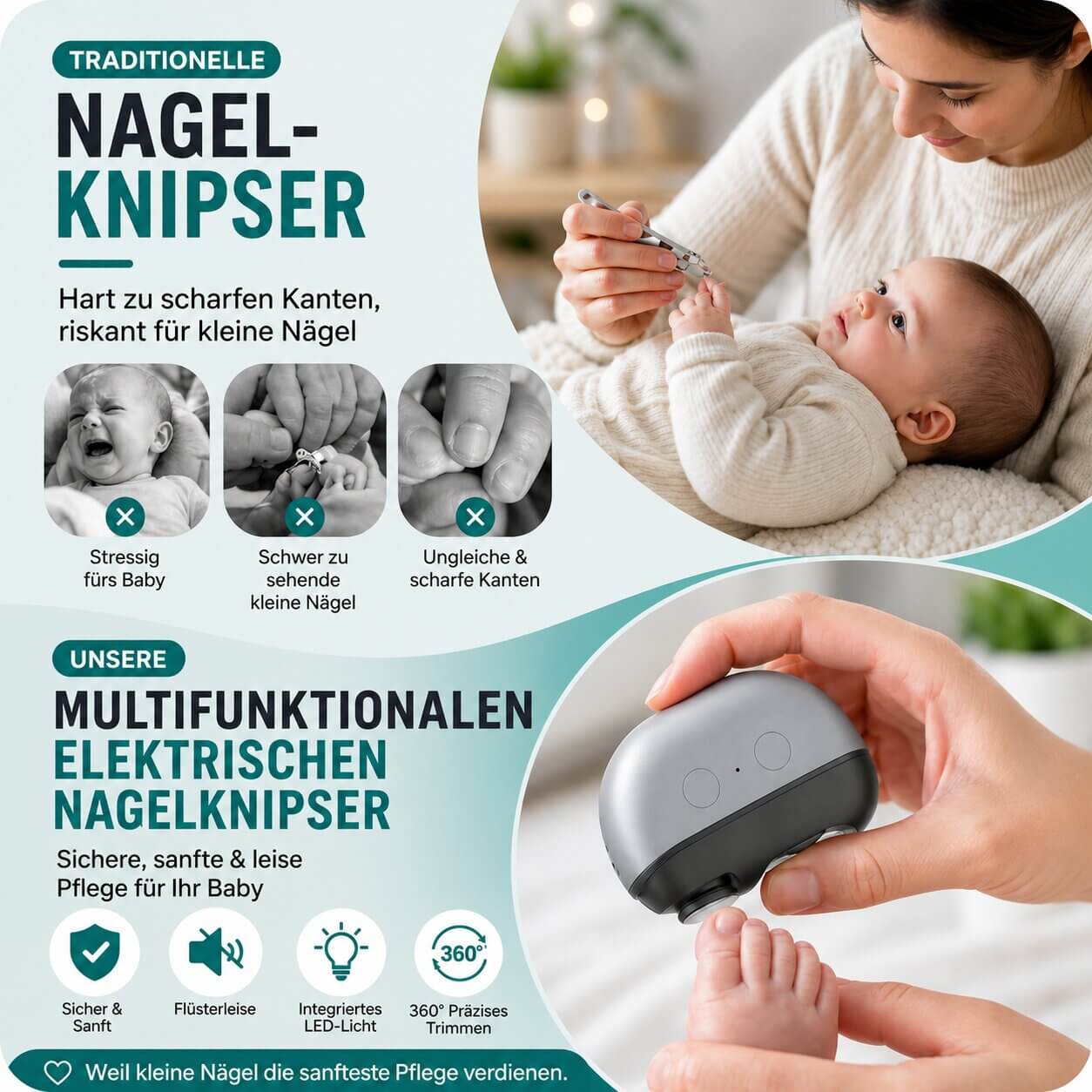 Elektrisk negleklipper med LED lys | Genopladelig negletrimmer til finger- og tånegle | Lysklipper