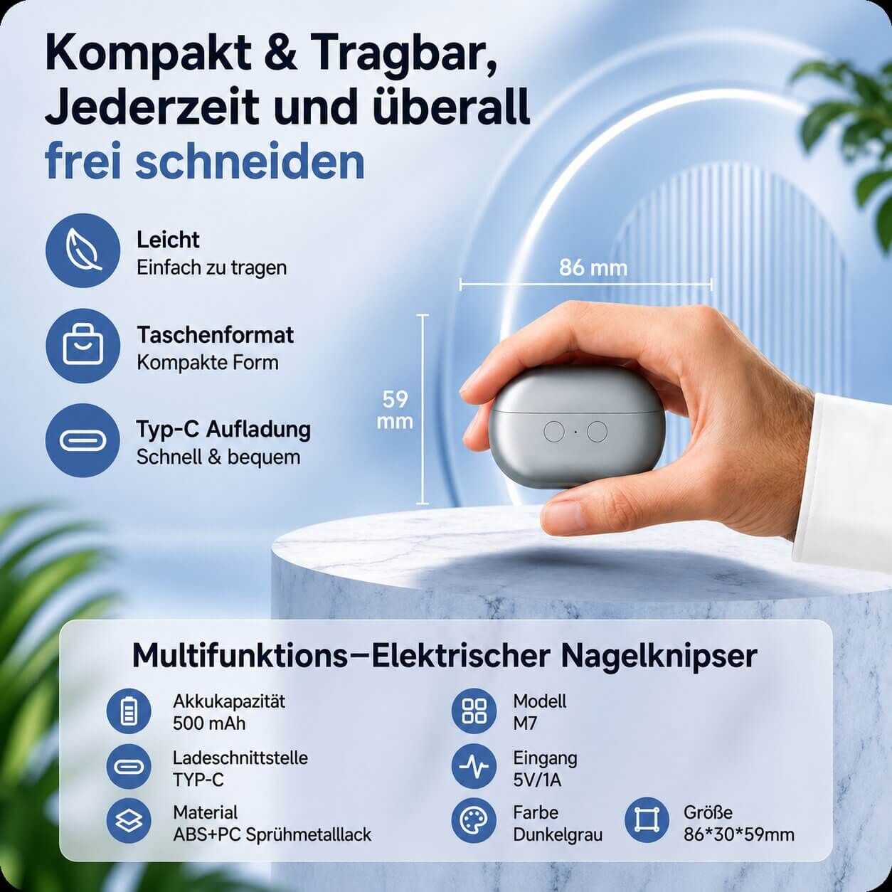 Elektrisk negleklipper med LED lys | Genopladelig negletrimmer til finger- og tånegle | Lysklipper