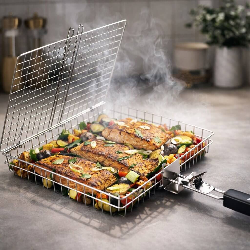 Grillkurv til kød, fisk & grøntsager | Grilltilbehør i rustfrit stål til BBQ | FlammenWerk