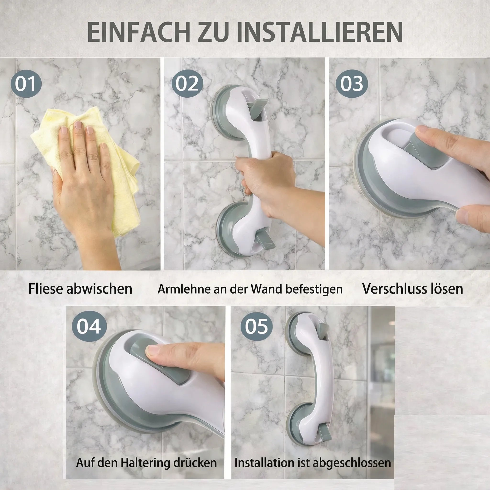 Grebsstang til bruser, badekar eller toilet med sugekop | Badekarsgreb til seniorer uden boring | GripSikker