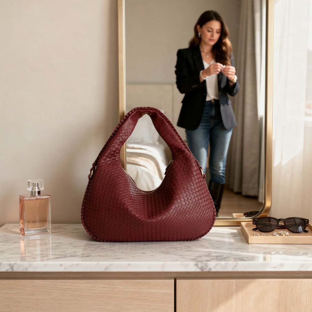 Flettet Læder Hobo Bag med Lynlås | Skuldertaske til Damer | Flechture